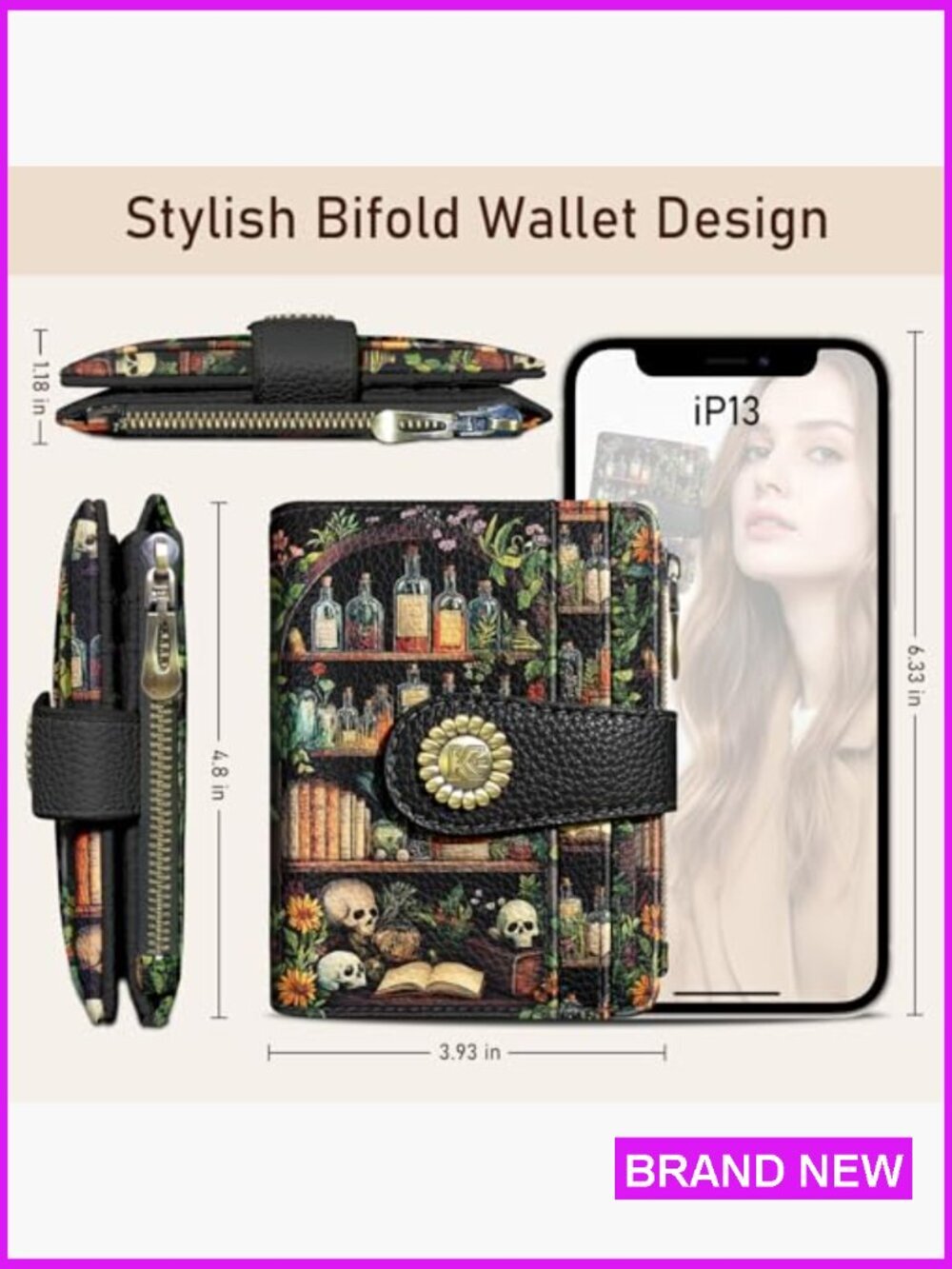 Gothic Bifold Wallet RFID Blocking Compact Travel Card Holder Zipper Coin Pocket - Picture 5 of 6